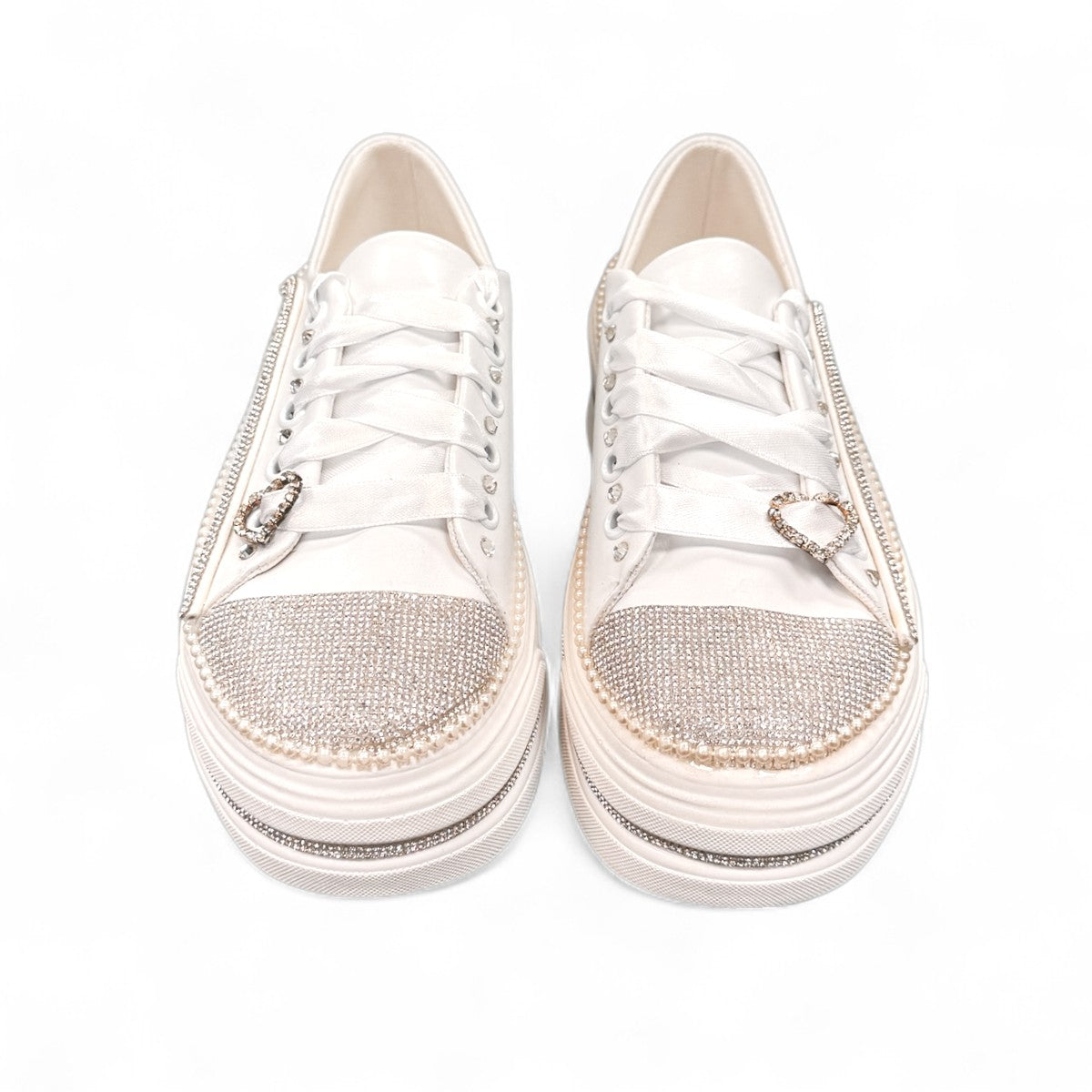 Nikpa Heart white platform sneakers with rhinestone heart detail and pearl trim