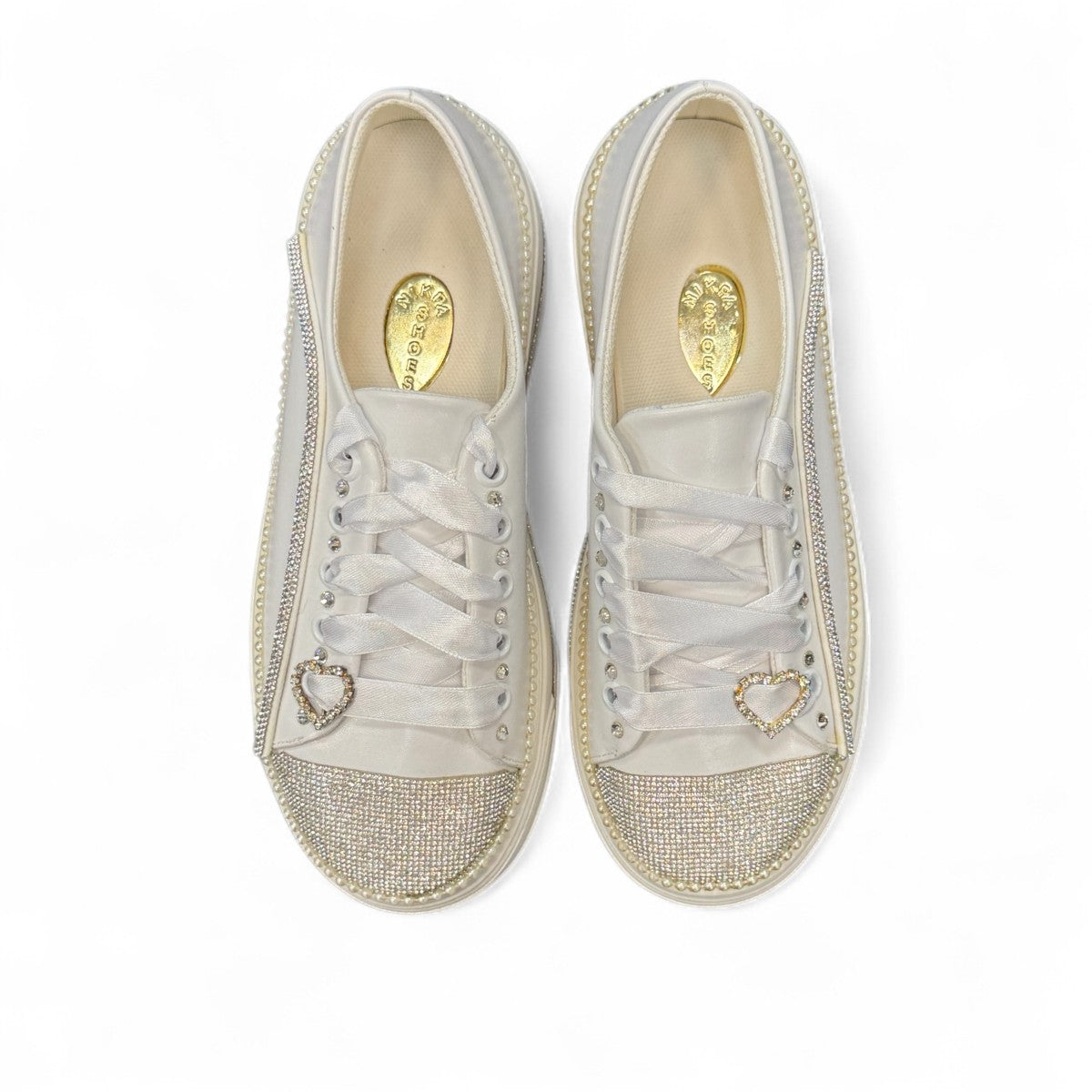Nikpa Heart white platform sneakers with rhinestone heart detail and pearl trim