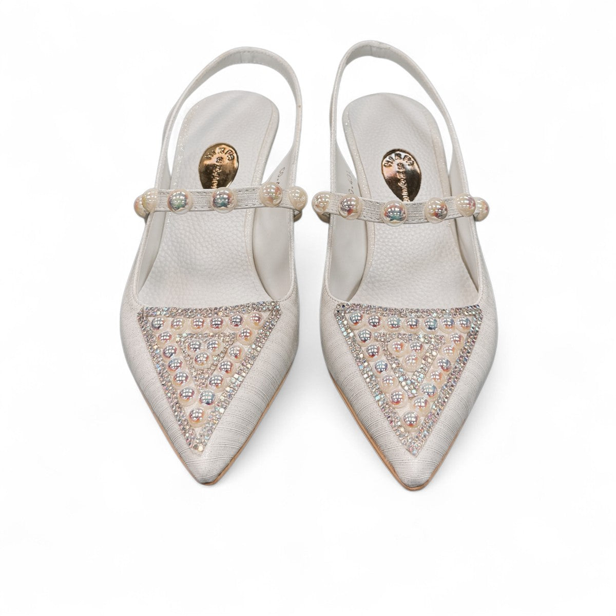 NIKPA LARA white bridal slingback heels with pearl embellishments and a unique sculptural heel
