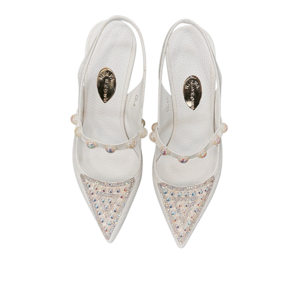NIKPA LARA white bridal slingback heels with pearl embellishments and a unique sculptural heel