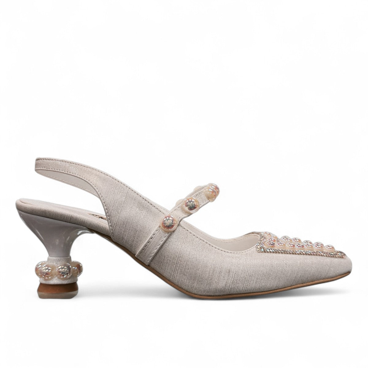 NIKPA LARA white bridal slingback heels with pearl embellishments and a unique sculptural heel