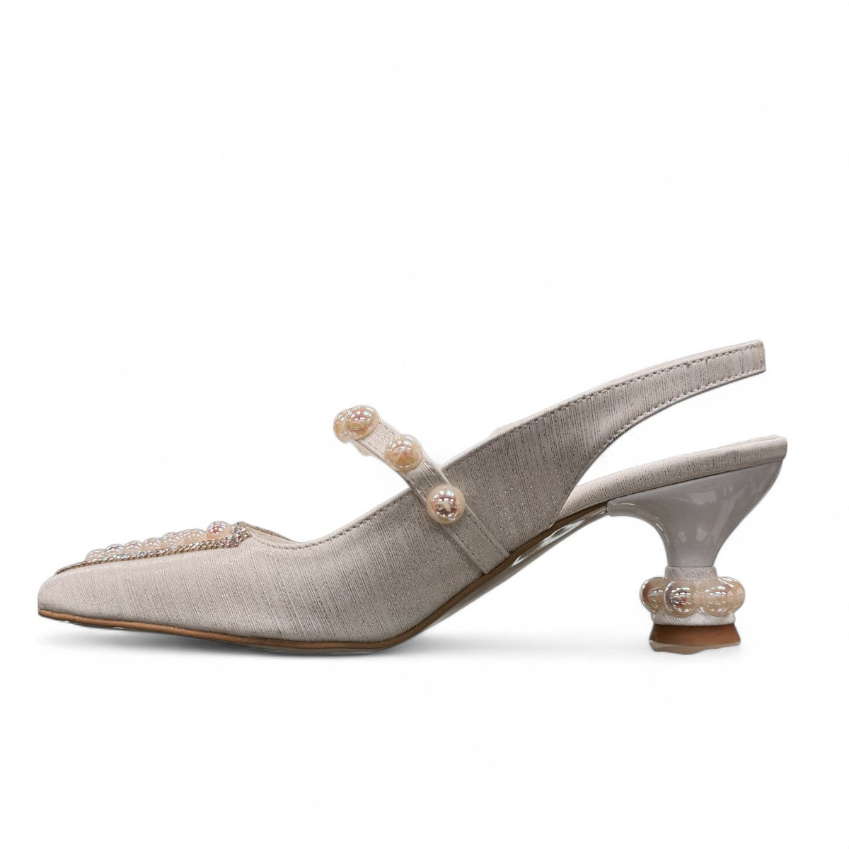 NIKPA LARA white bridal slingback heels with pearl embellishments and a unique sculptural heel