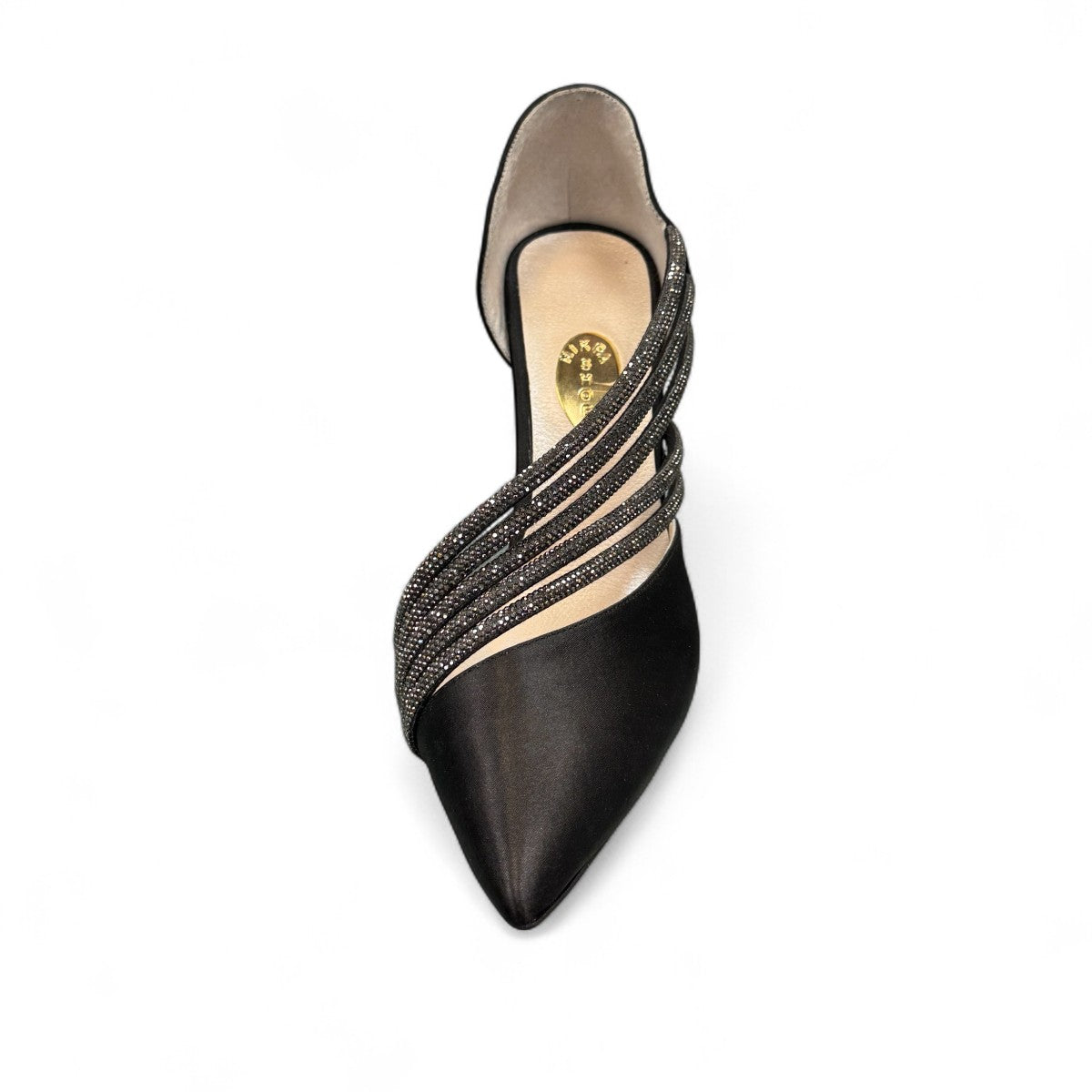 Nikpa OCTI black bridal high heel shoe with elegant parallel embellished straps and pointed toe