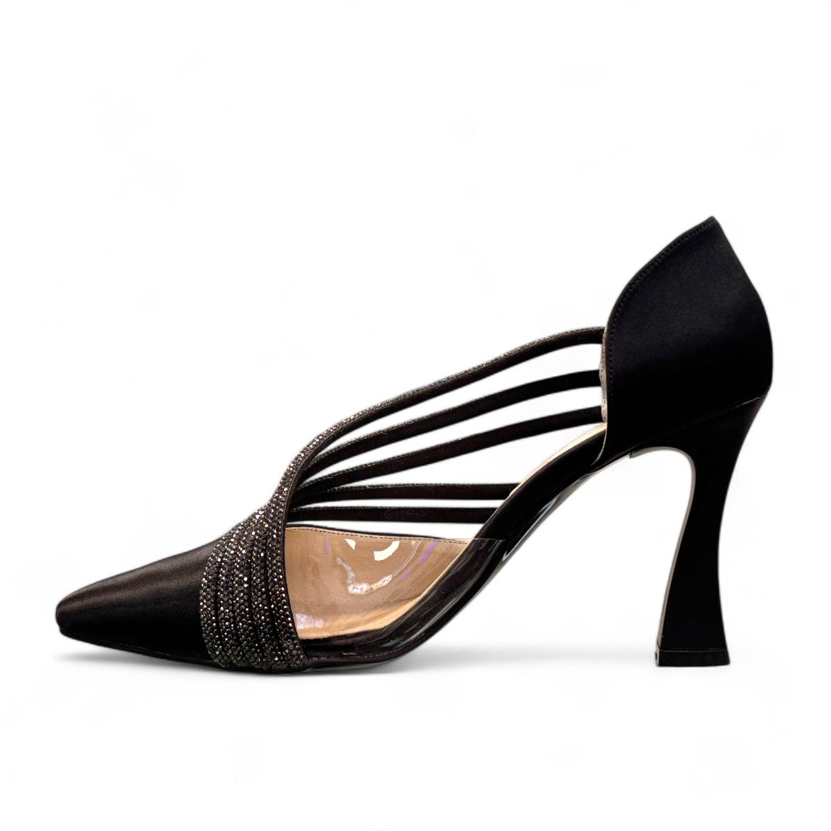 Nikpa OCTI black bridal high heel shoe with elegant parallel embellished straps and pointed toe