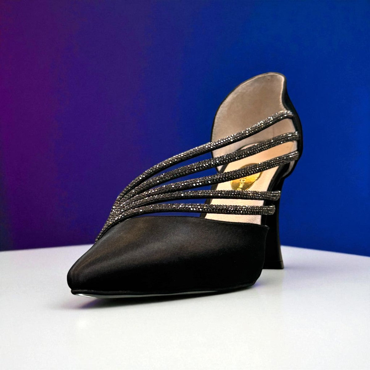 Nikpa OCTI black bridal high heel shoe with elegant parallel embellished straps and pointed toe