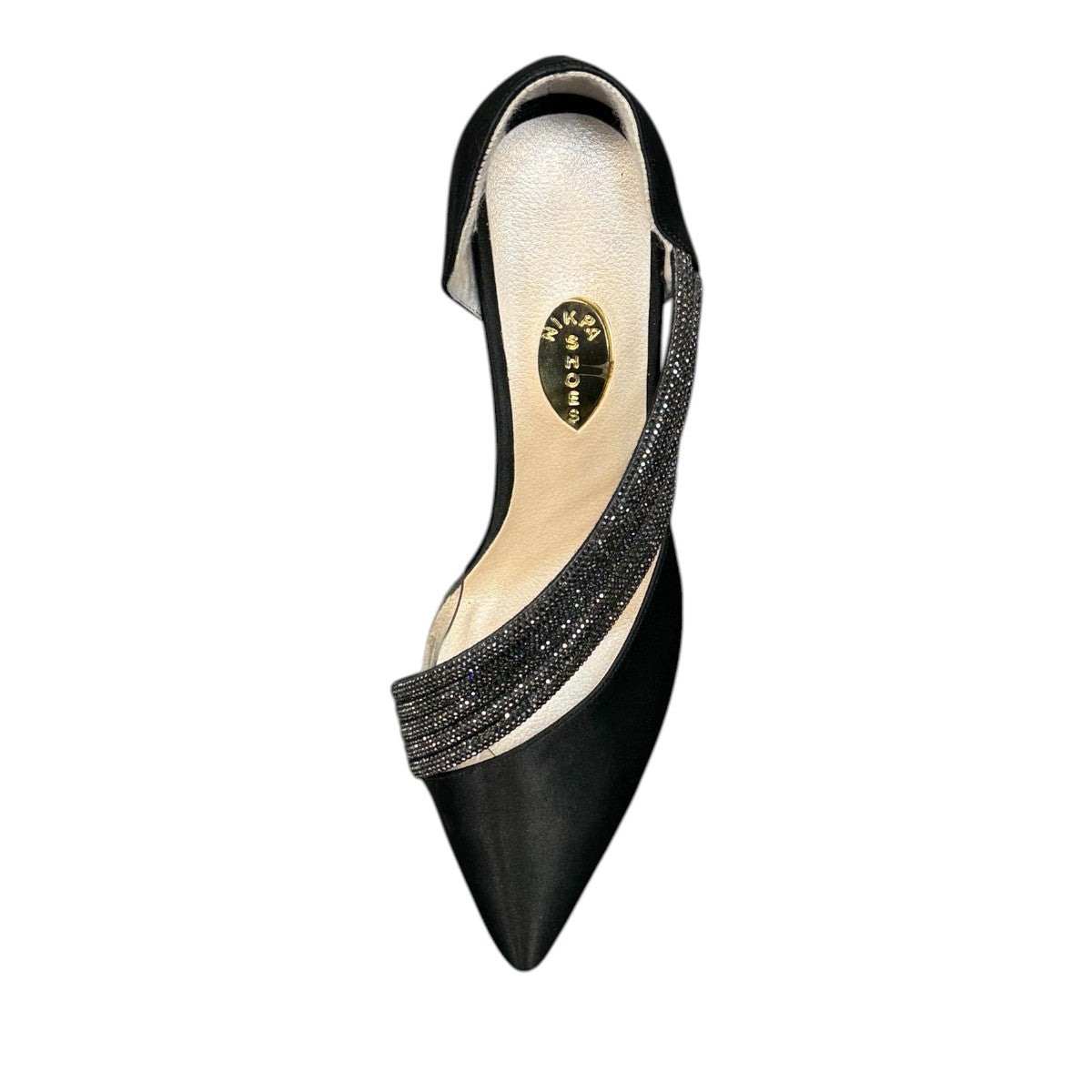 Nikpa OCTI black bridal high heel shoe with elegant parallel embellished straps and pointed toe