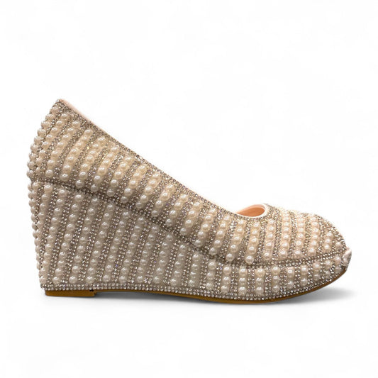 NIKPA white wedge bridal party shoes embellished with rows of pearls and sparkling rhinestones