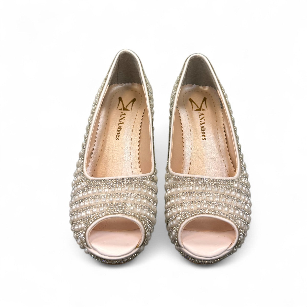 NIKPA white wedge bridal party shoes embellished with rows of pearls and sparkling rhinestones