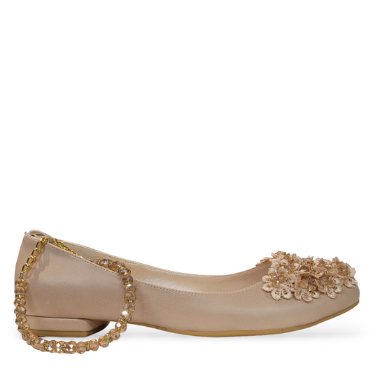 NIKPA SARVENAZ beige bridal flat shoe with floral lace embellishment and beaded ankle strap