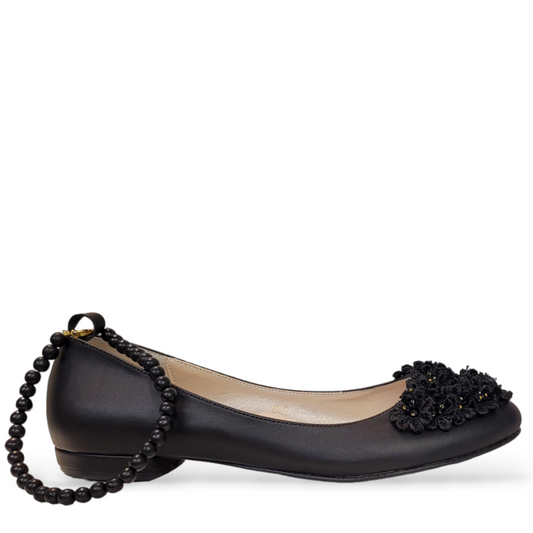 NIKPA SARVENAZ black bridal flat shoe with floral embellishment and decorative beaded ankle strap