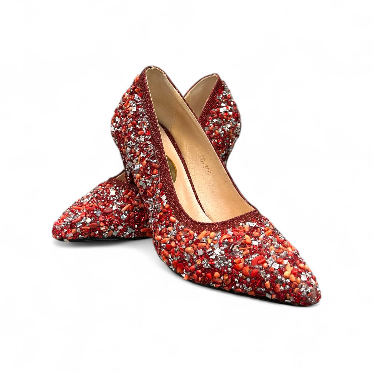 Nikpa Seaside red synthetic high heel pump adorned with intricate handmade beads and crystals