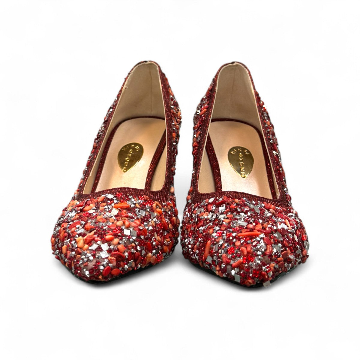 Nikpa Seaside red synthetic high heel pump adorned with intricate handmade beads and crystals