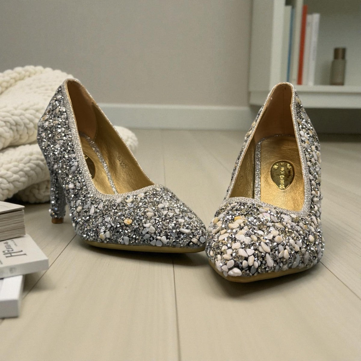 Nikpa Seaside silver synthetic handmade women's high heel pump with decorative stone embellishments
