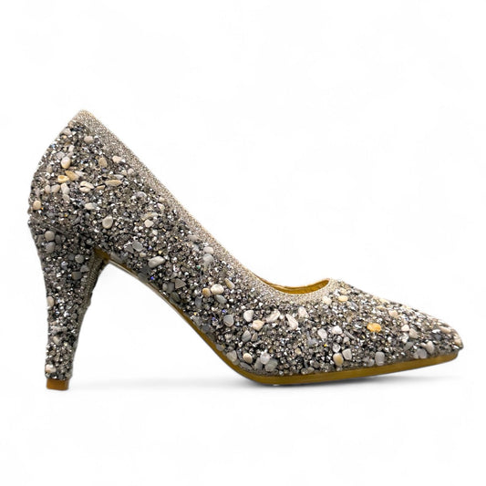 Nikpa Seaside silver synthetic handmade women's high heel pump with decorative stone embellishments