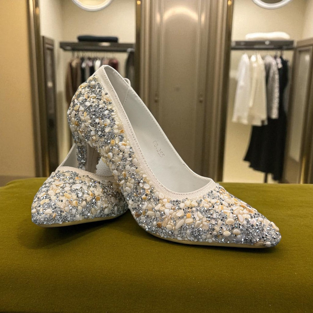 Nikpa Seaside white handmade synthetic high heel pump decorated with shimmering shells and crystals