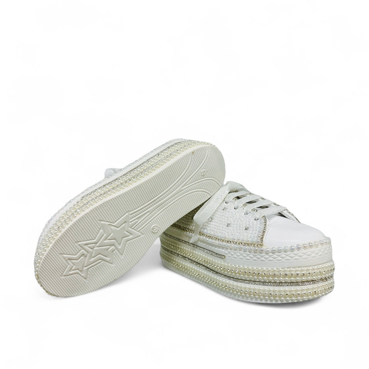 Nikpa Sofi white bridal platform sneaker with pearl and rhinestone embellishments on a thick sole