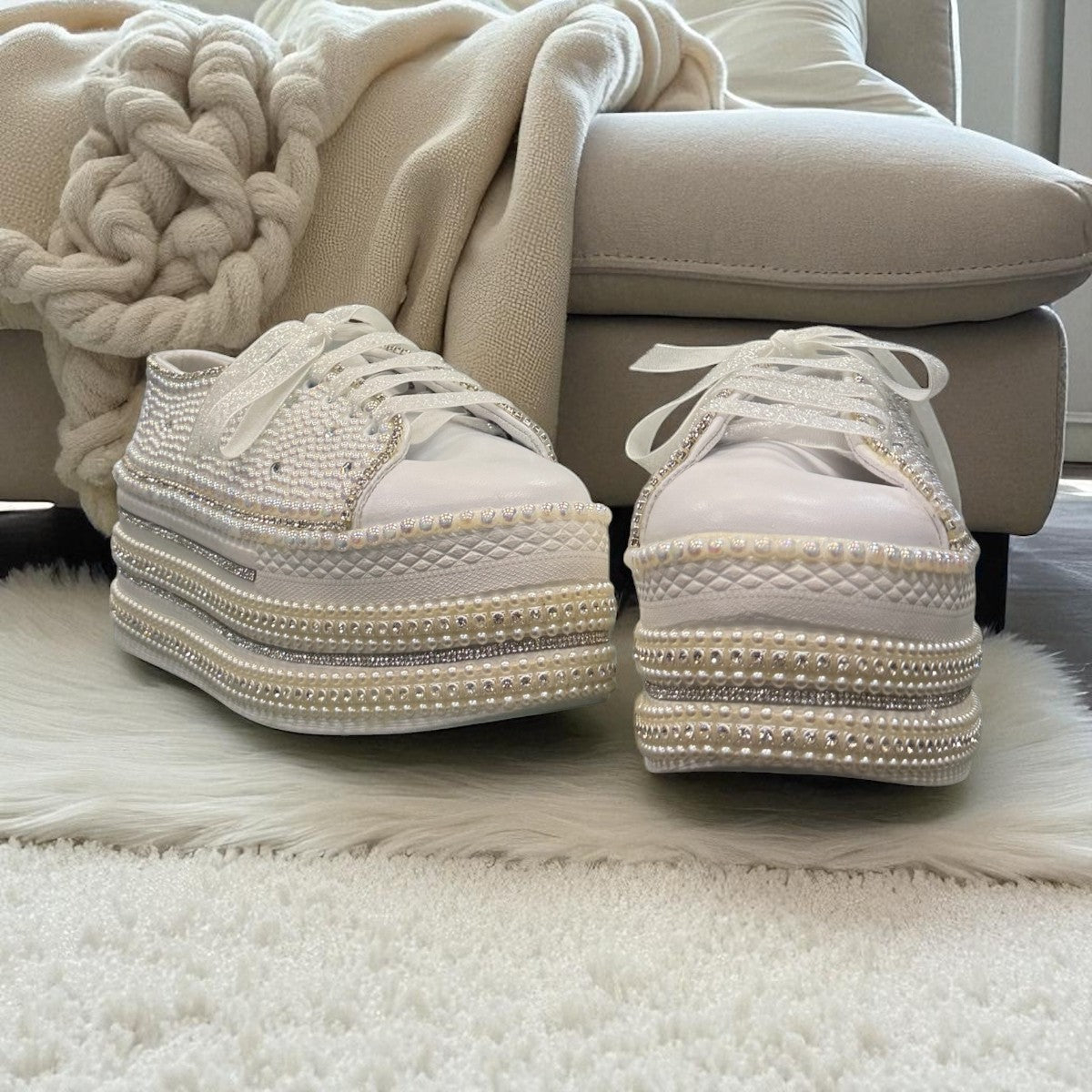 Nikpa Sofi white bridal platform sneaker with pearl and rhinestone embellishments on a thick sole
