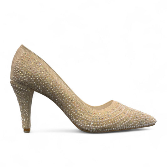 NIKPA SUNRISE white bridal pump featuring a pointed toe and intricate pearl and crystal embellishments.
