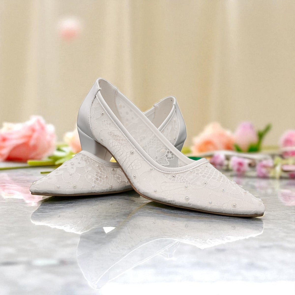 NIKPA TINA white bridal high heels with delicate lace detailing and a comfortable block heel
