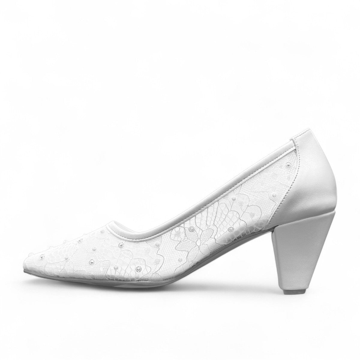 NIKPA TINA white bridal high heels with delicate lace detailing and a comfortable block heel