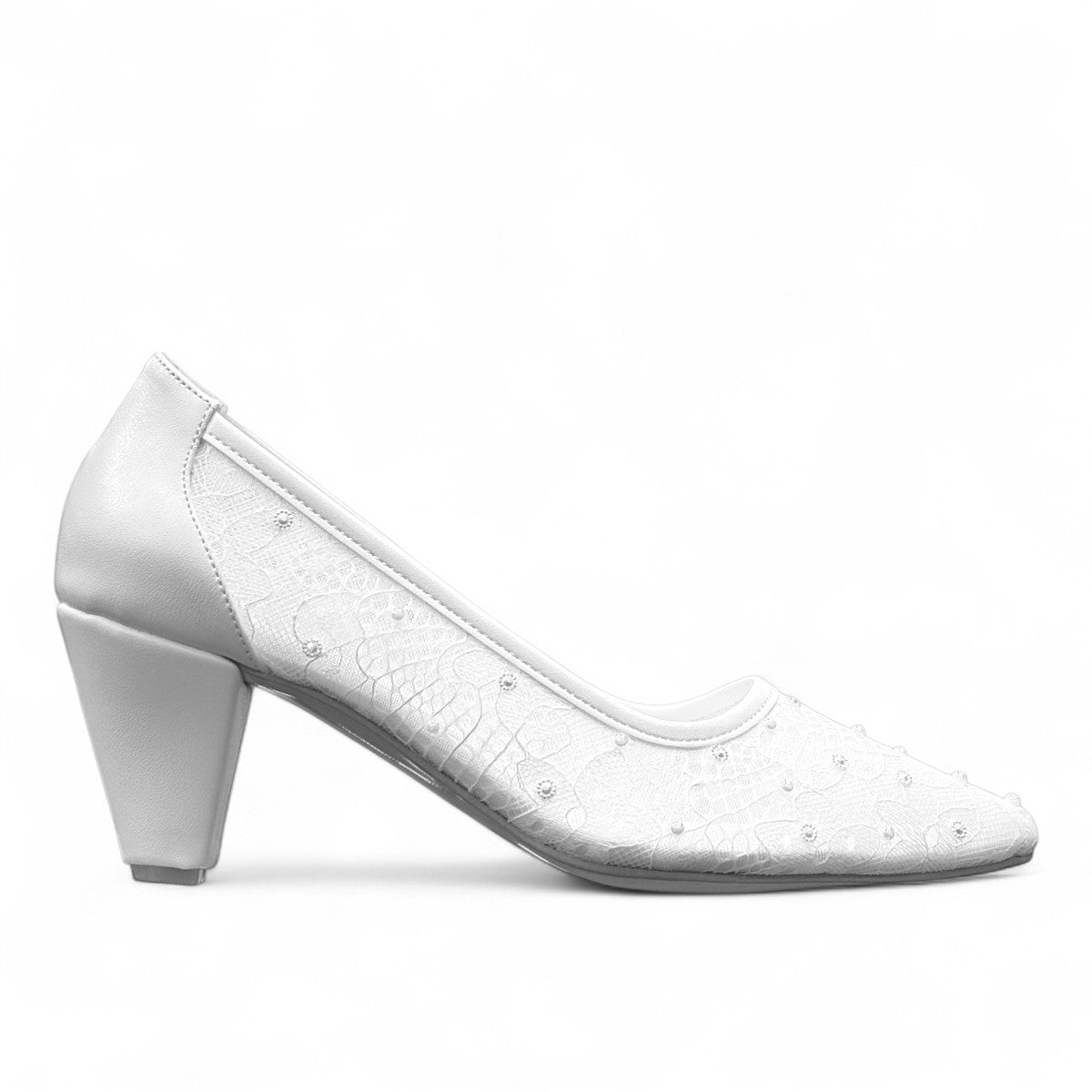 NIKPA TINA white bridal high heels with delicate lace detailing and a comfortable block heel