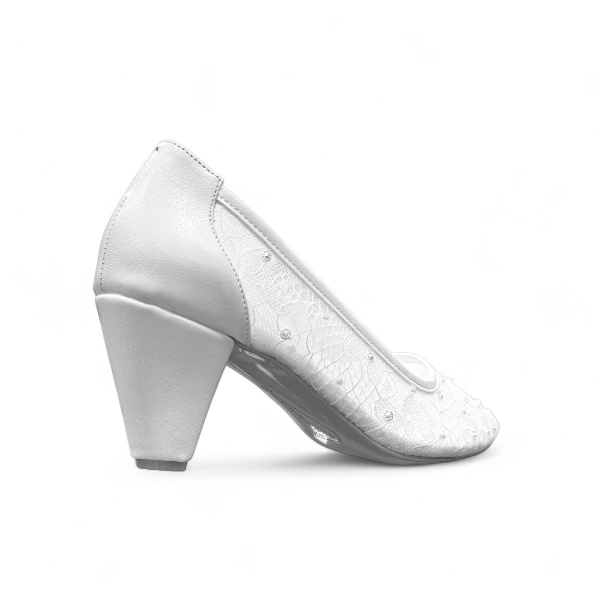 NIKPA TINA white bridal high heels with delicate lace detailing and a comfortable block heel