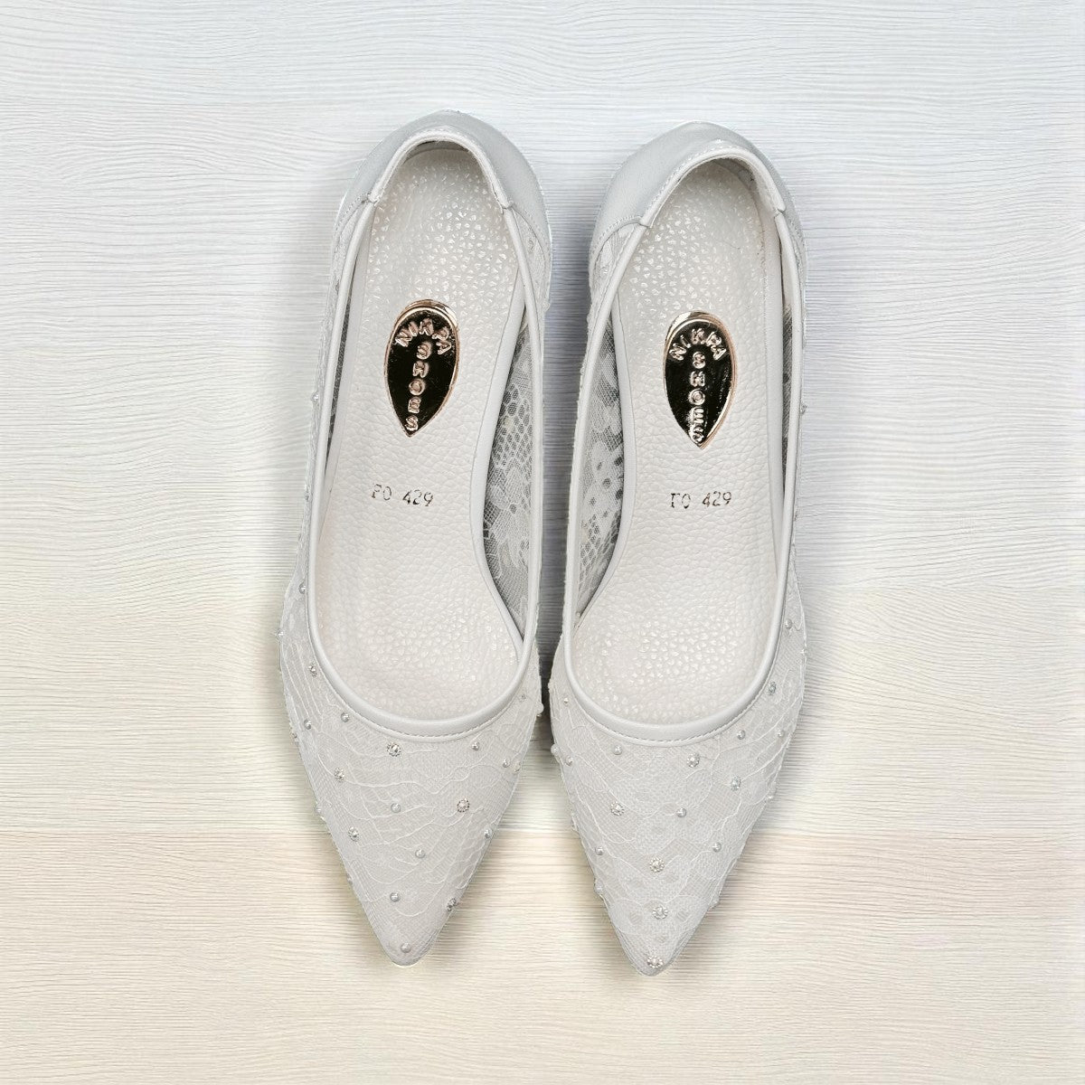 NIKPA TINA white bridal high heels with delicate lace detailing and a comfortable block heel