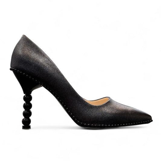 Nikpa Welt black synthetic glitter bridal heels with a unique beaded stiletto heel design.