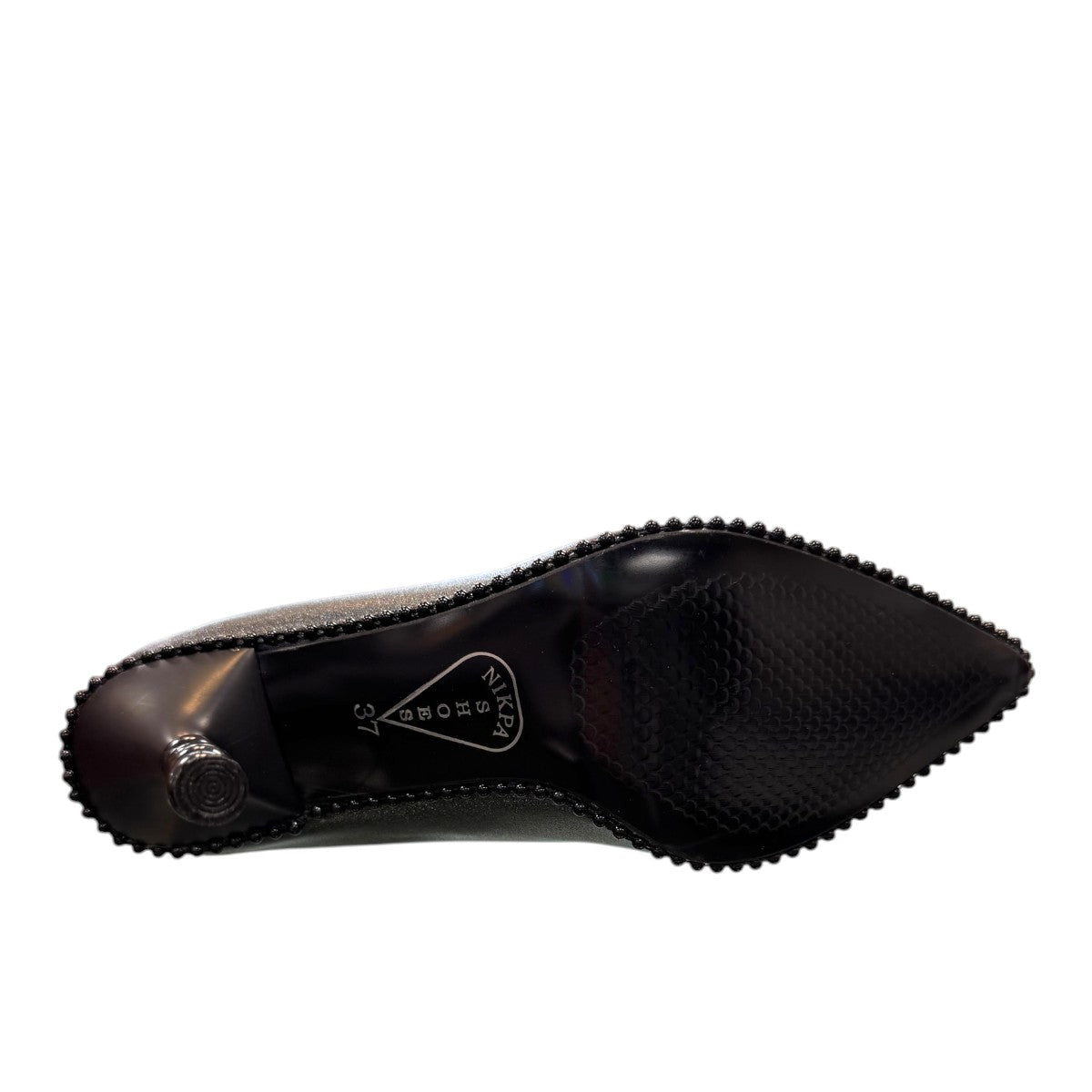 Nikpa Welt black synthetic glitter bridal heels with a unique beaded stiletto heel design.