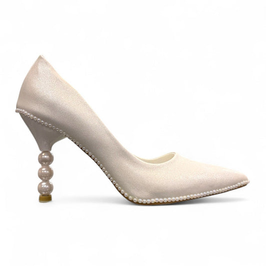 NIKPA WELT WHITE bridal pump with pearl-embellished heel and shimmering white satin finish