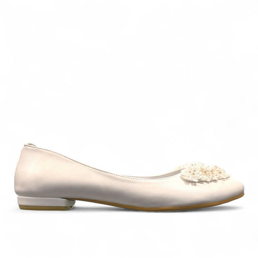 Nikpa white synthetic ballet flat with handmade floral embellishment on the toe