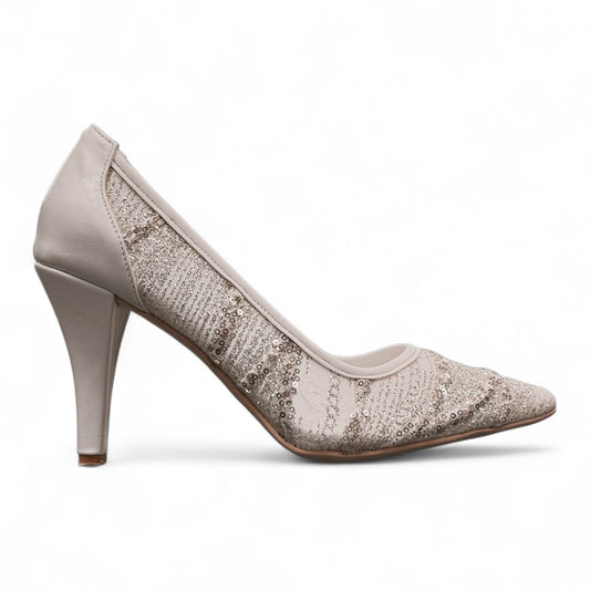 nikpa white glittery synthetic bridal pumps with sequin detailing and a pointed toe side view