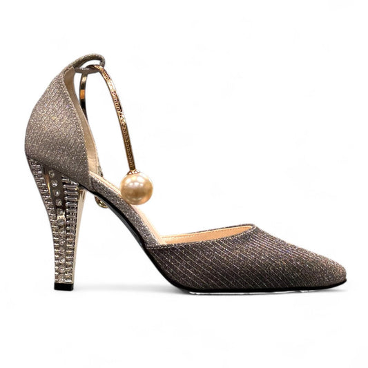 NIKPA ZBALL URANUS gray bridal high heel shoe with a pearl ankle strap and crystal-embellished heel.