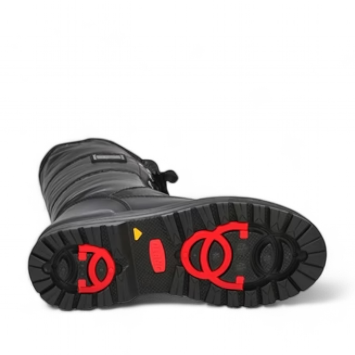 Olang Glamour black winter boot with lace-up front, wool lining, and Alaska outsole with ice cleats. Photo of bottom view.