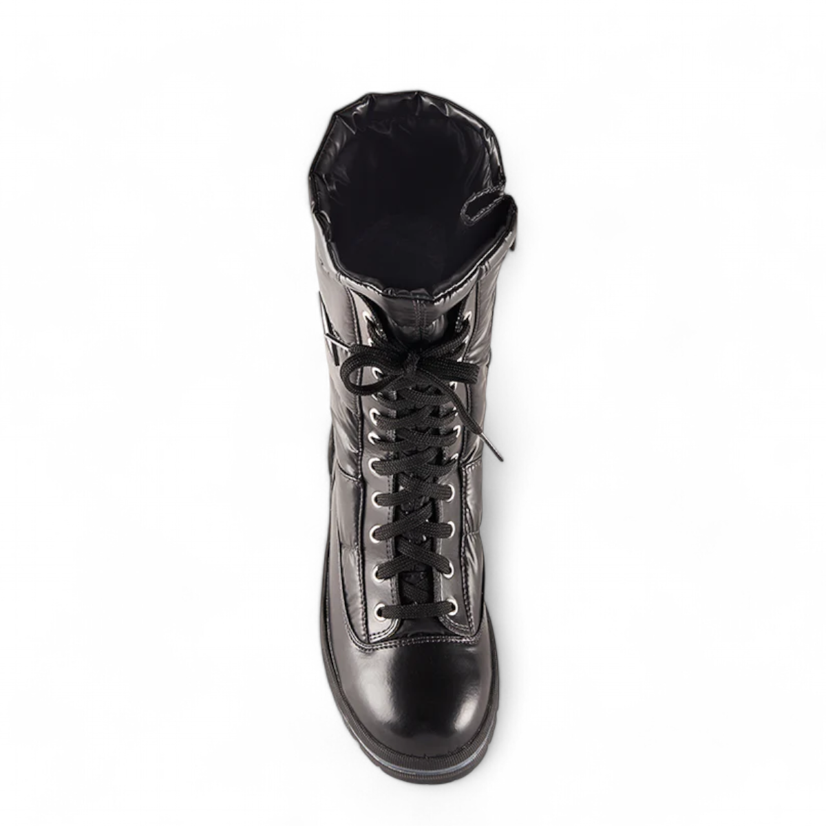 Olang Glamour black winter boot with lace-up front, wool lining, and Alaska outsole with ice cleats. Photo of upper view.