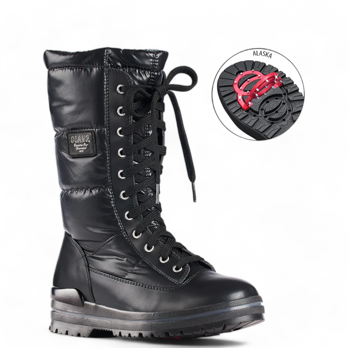 Olang Glamour black winter boot with lace-up front, wool lining, and Alaska outsole with ice cleats. Photo of right side view.