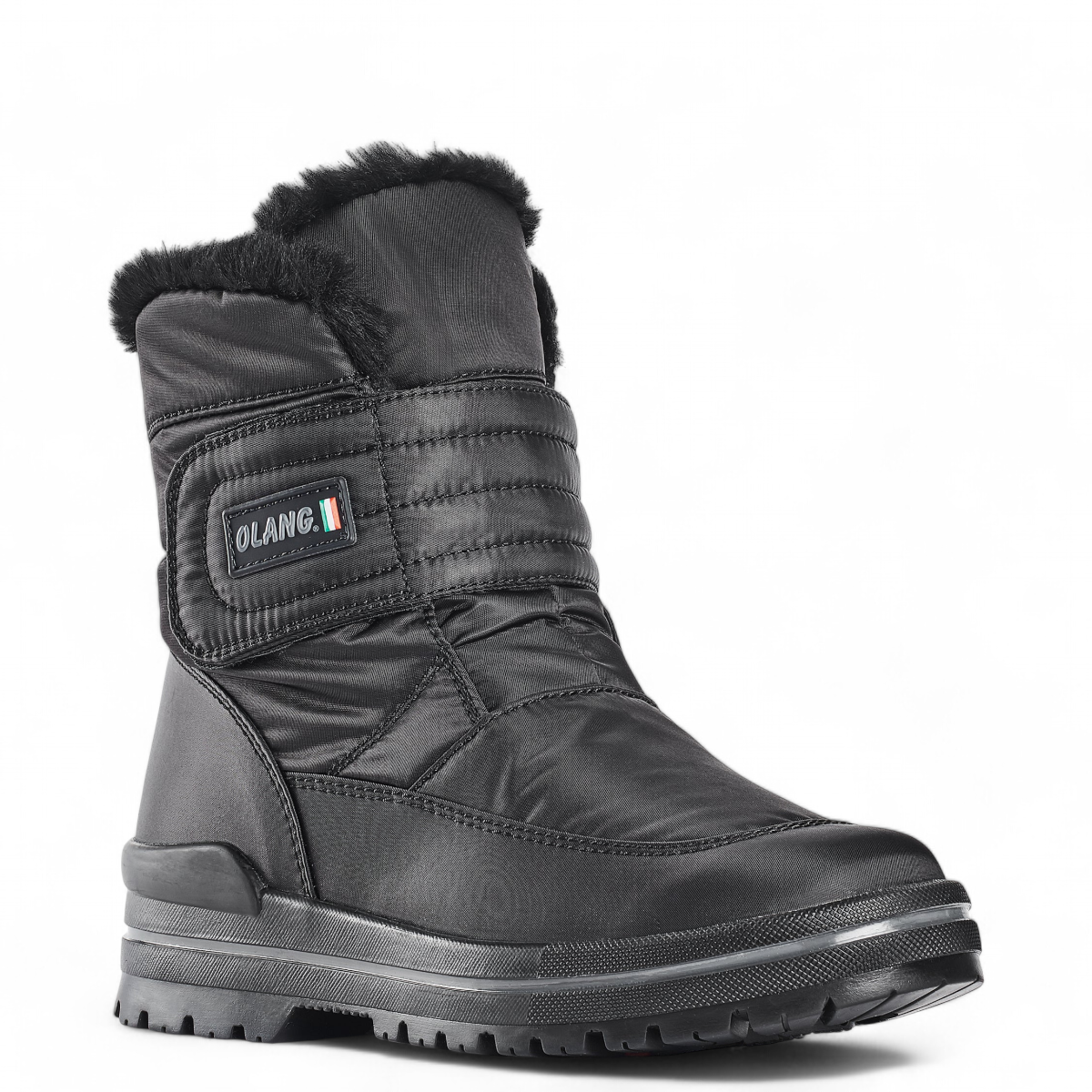 Olang Luna black winter boot with wool lining, waterproof BREATHTEX membrane, and durable traction sole. Photo of front side view.
