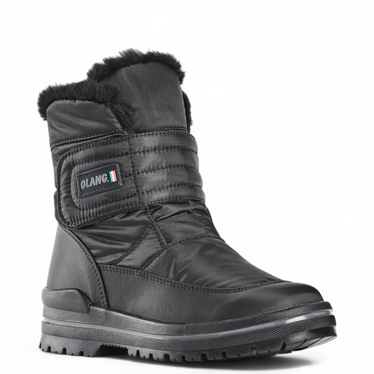 Olang Luna black winter boot with wool lining, waterproof BREATHTEX membrane, and durable traction sole. Photo of front side view.