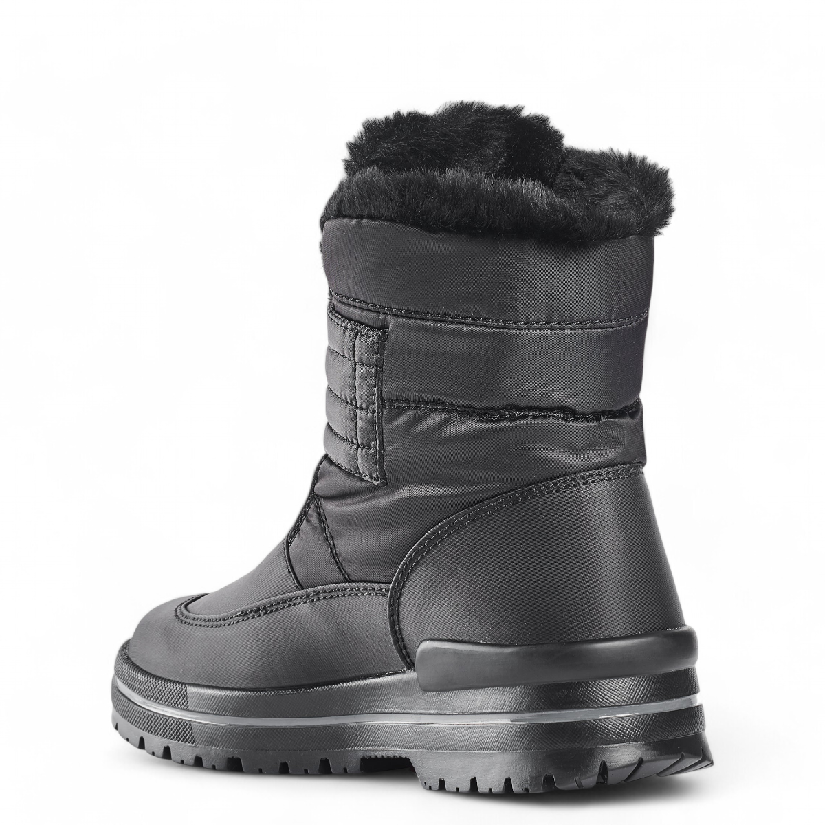 Olang Luna black winter boot with wool lining, waterproof BREATHTEX membrane, and durable traction sole. Photo of back side view.