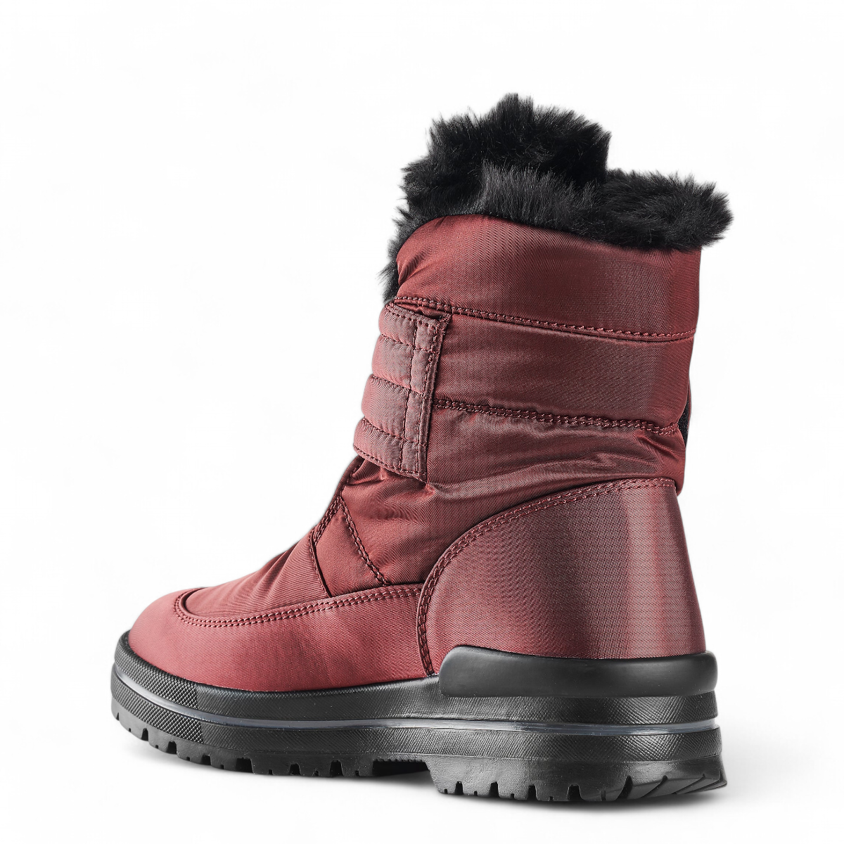 Olang Luna Uva winter boot in deep red with faux fur trim, velcro strap, and Alaska cleat sole detail. Photo of back side view.