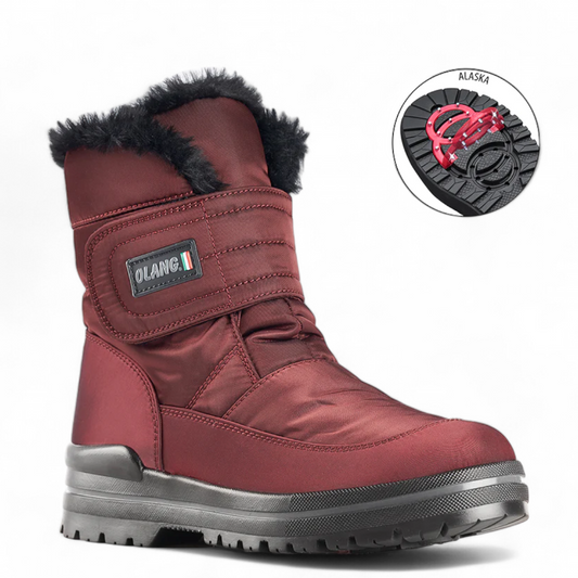 Olang Luna Uva winter boot in deep red with faux fur trim, velcro strap, and Alaska cleat sole detail. Photo of front side view.