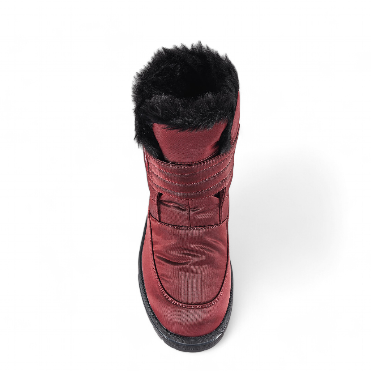 Olang Luna Uva winter boot in deep red with faux fur trim, velcro strap, and Alaska cleat sole detail. Photo of upper view.