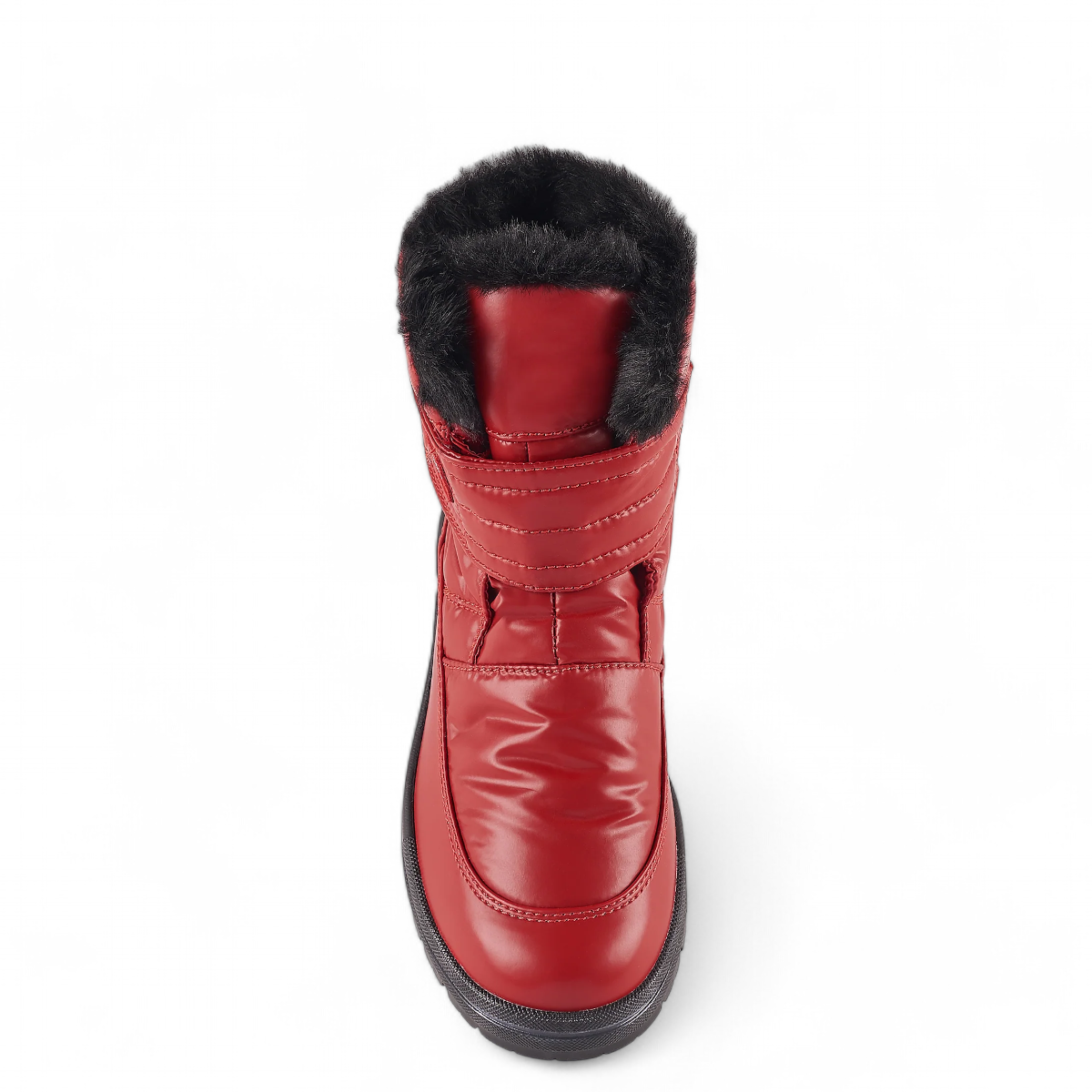 Olang Luna red winter boot with wool lining, velcro strap, and durable traction sole for icy conditions. Photo of upper view.