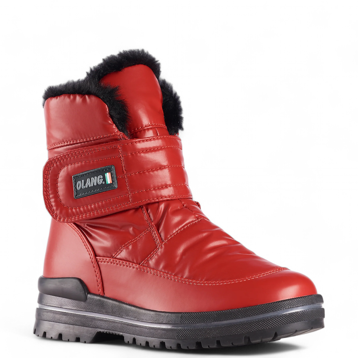 Olang Luna red winter boot with wool lining, velcro strap, and durable traction sole for icy conditions. Photo of right side view.