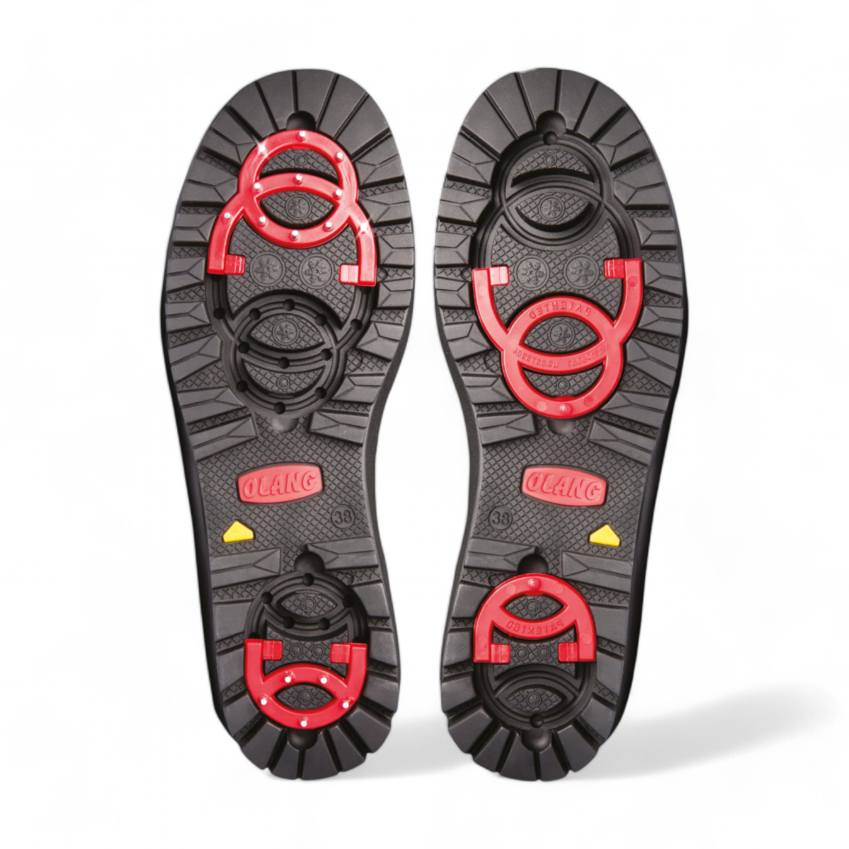 Olang Luna red winter boot with wool lining, velcro strap, and durable traction sole for icy conditions. Photo of bottom view.