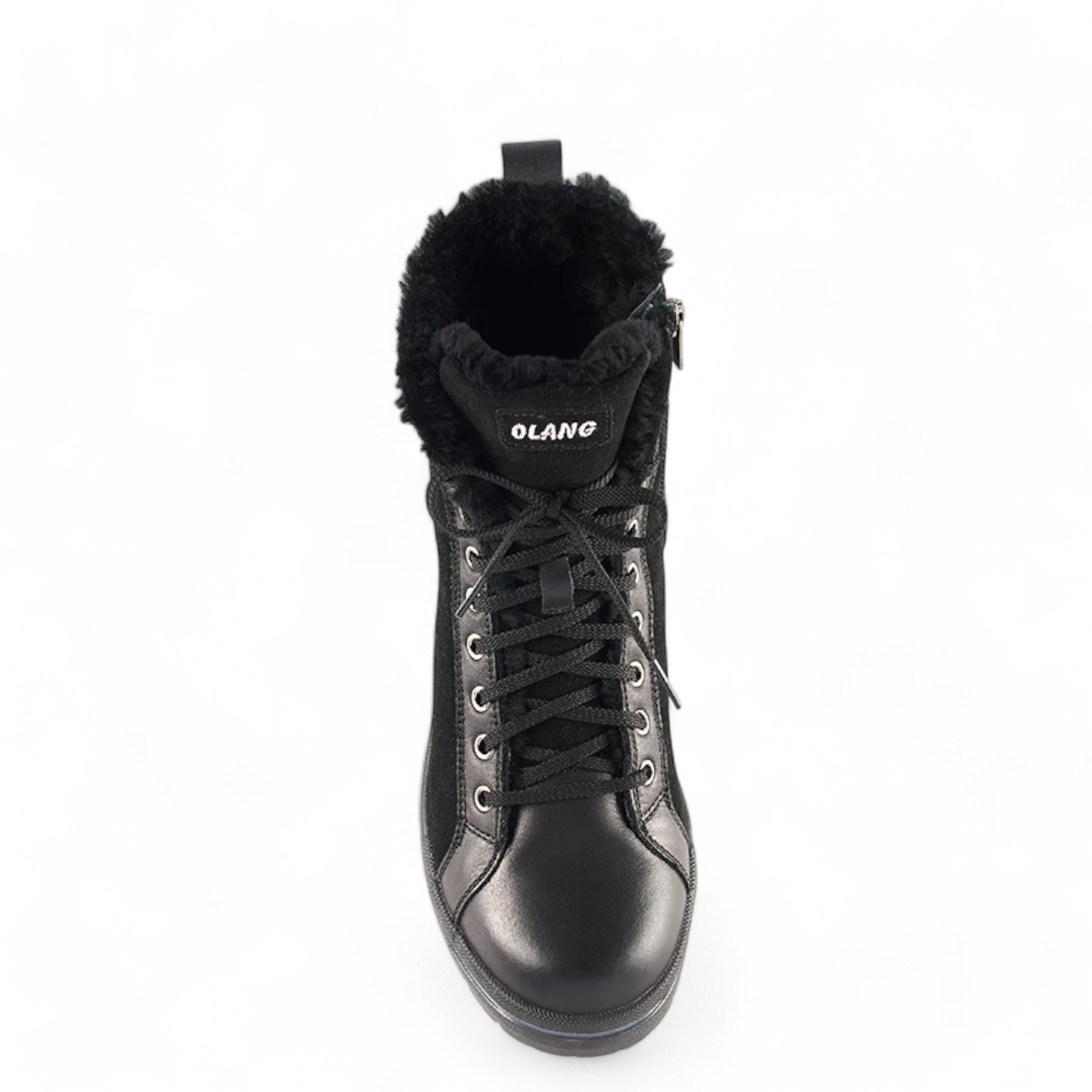 Olang Zaide black winter boot featuring hydro-suede, full-grain leather, and warm shearling lining. Photo of upper view.