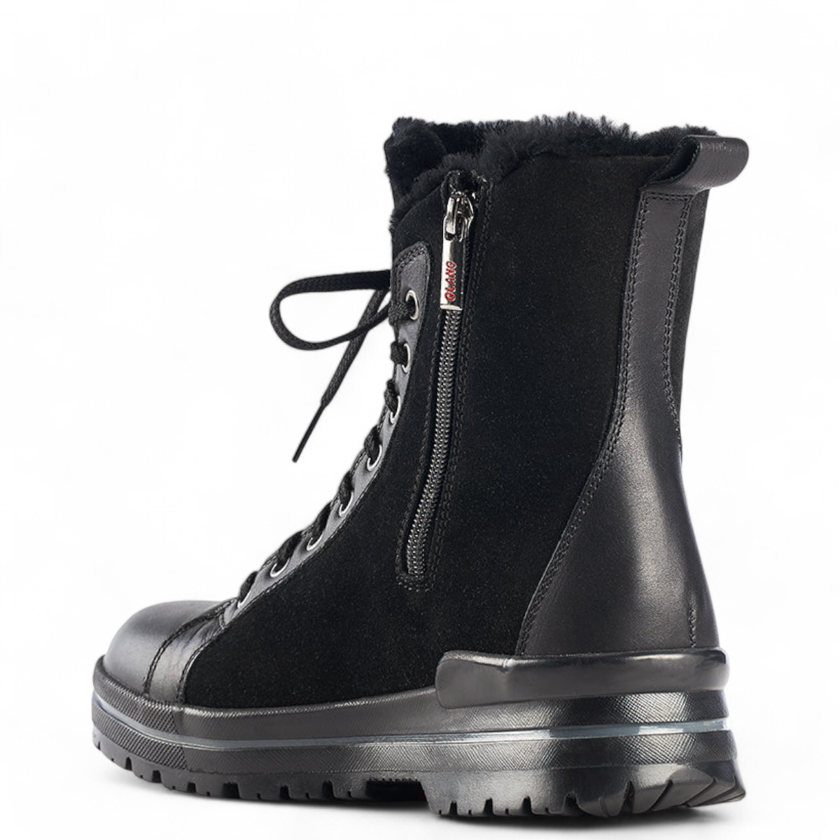 Olang Zaide black winter boot featuring hydro-suede, full-grain leather, and warm shearling lining. Photo of back side view.