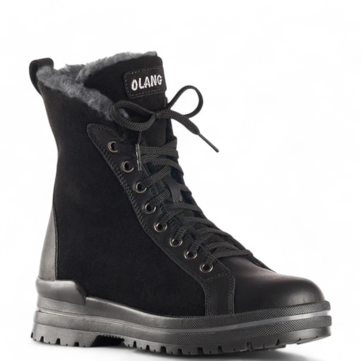 Olang Zaide black winter boot featuring hydro-suede, full-grain leather, and warm shearling lining. Photo of front side view.