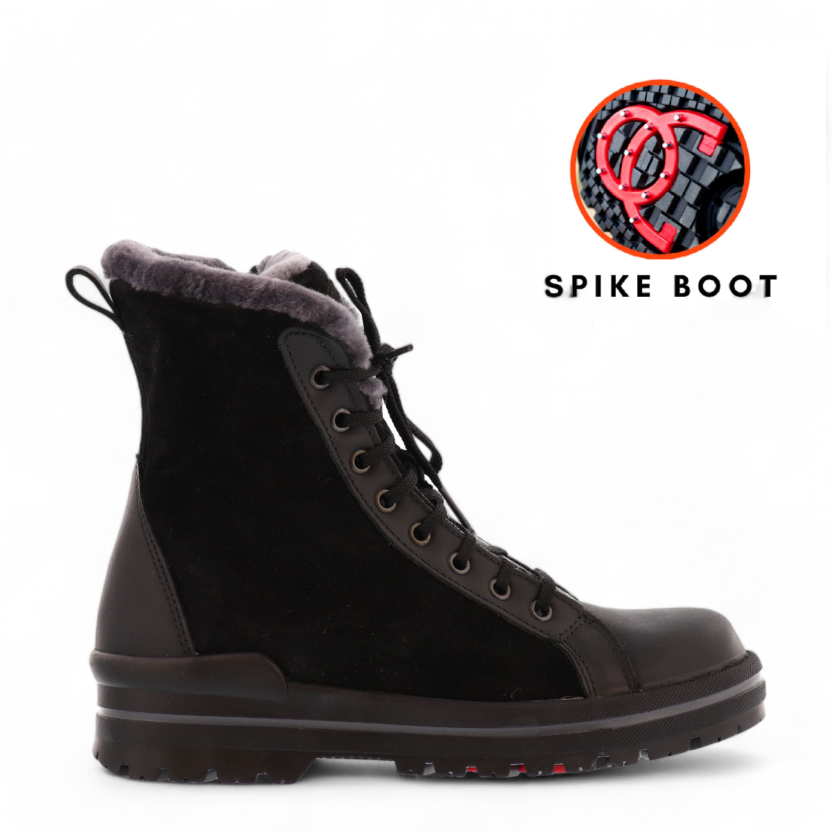 Olang Zaide black winter boot featuring hydro-suede, full-grain leather, and warm shearling lining. Photo of right side view.