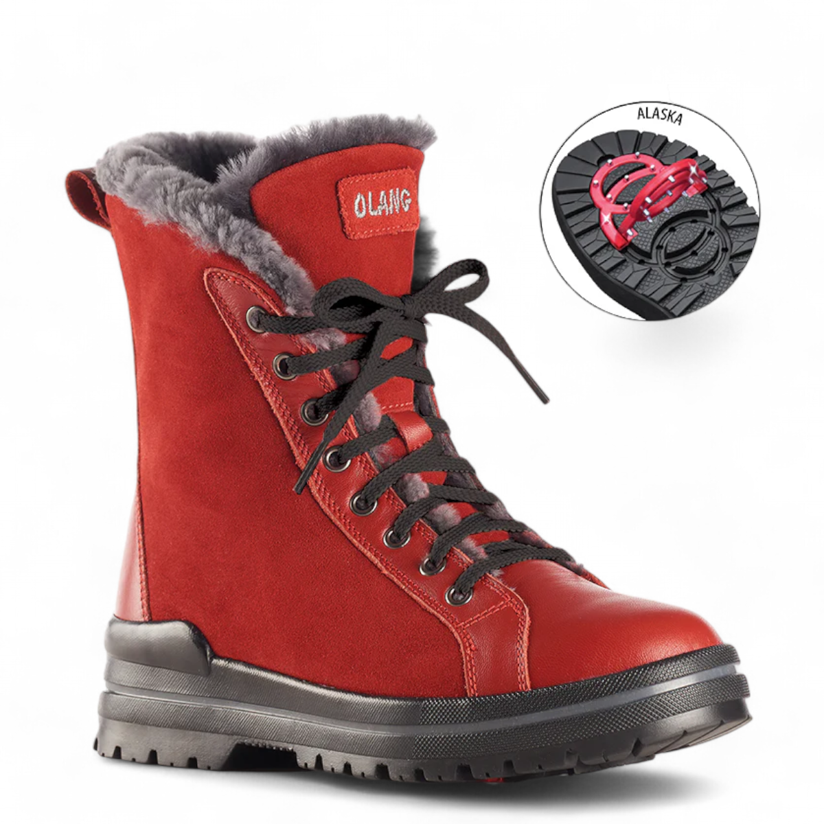 Olang Zaide red hydro-suede and leather winter boot with shearling lining and Alaska ice-grip outsole. Photo of right side view.